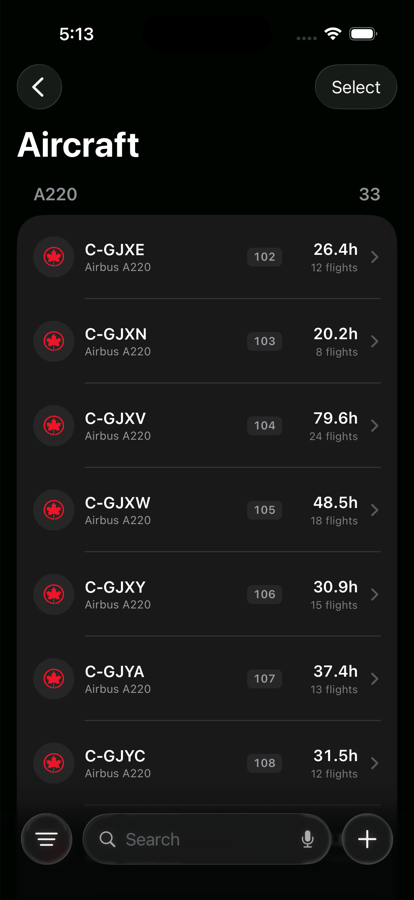 Crewlog aircraft library listing A220 tails with operator logo, fin number, hours and flight count per registration.