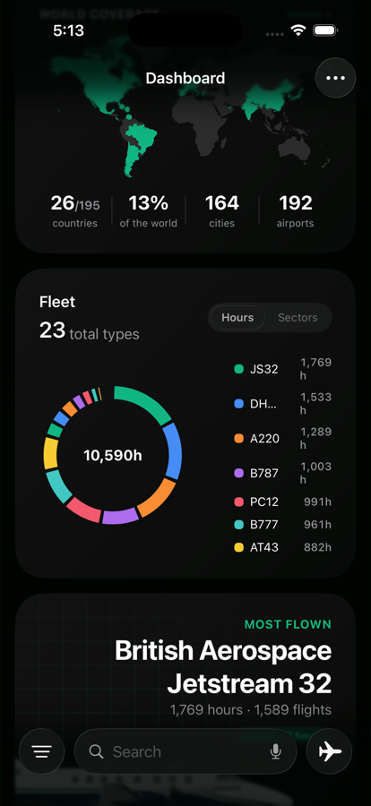 Crewlog world coverage card showing 26 of 195 countries, 164 cities and 192 airports, above a fleet donut of 23 types totalling 10,590 hours.
