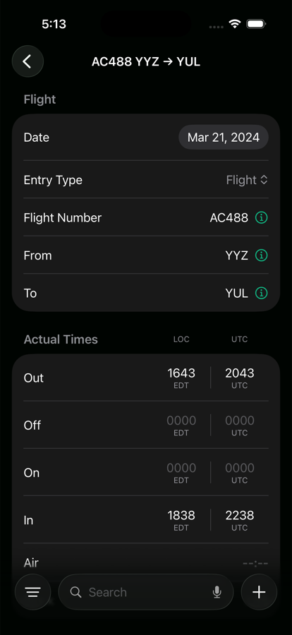 Crewlog flight entry for AC488 YYZ to YUL showing OUT and IN stamped in both airport-local and UTC columns.