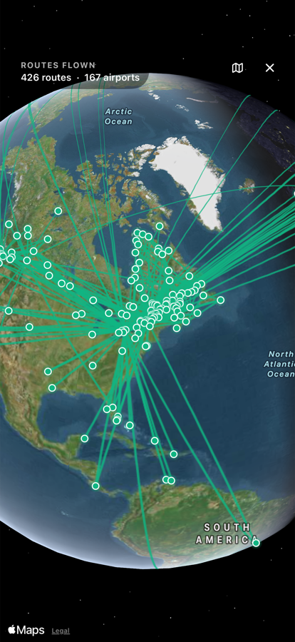 Crewlog interactive globe with 426 routes flown between 167 airports drawn over North and South America.