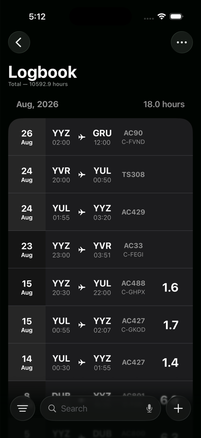 Crewlog logbook list: flights by month with route, times, flight number, registration and block hours.