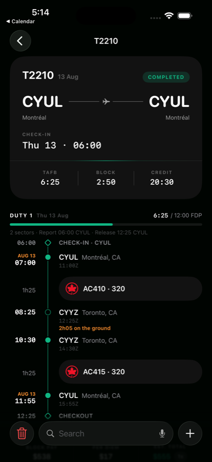 Crewlog pairing page: T2210 with TAFB, block and credit, a duty rail showing check-in, both sectors, 2h05 on the ground and checkout, against a 12:00 FDP.